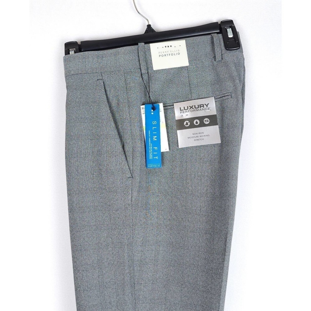 Perry Ellis Mens Slim Fit Dress Pants 30x32 Grey Alloy Plaid Performance Stretch